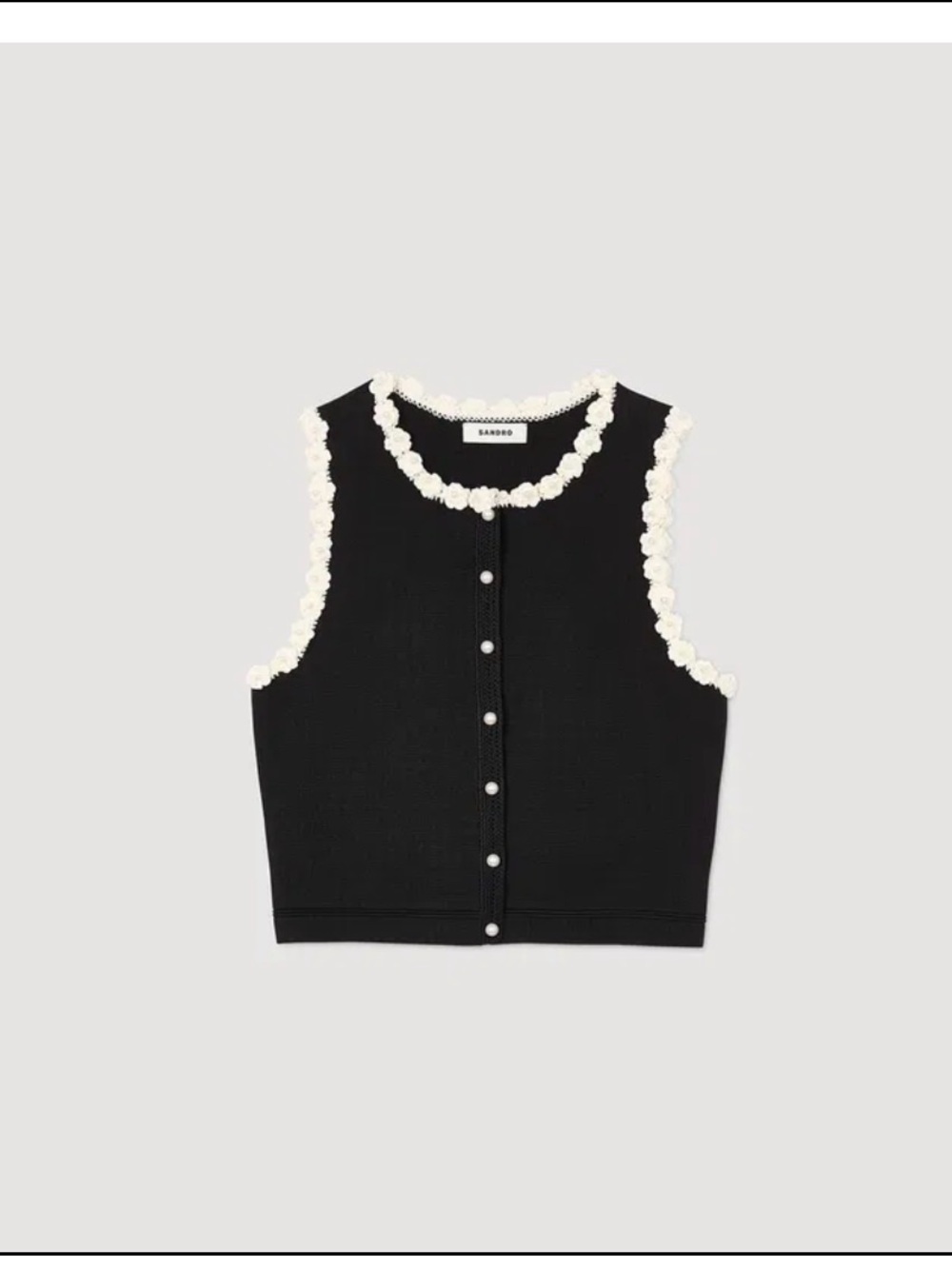 Sandro Crochet Cardigan Black with Pearl Button floral Cream Trim